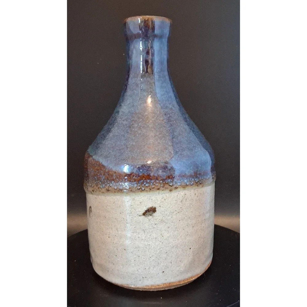 Signed Studio Pottery Vase Blue Beige Two Tone Glazed Bottle 7 Inch
